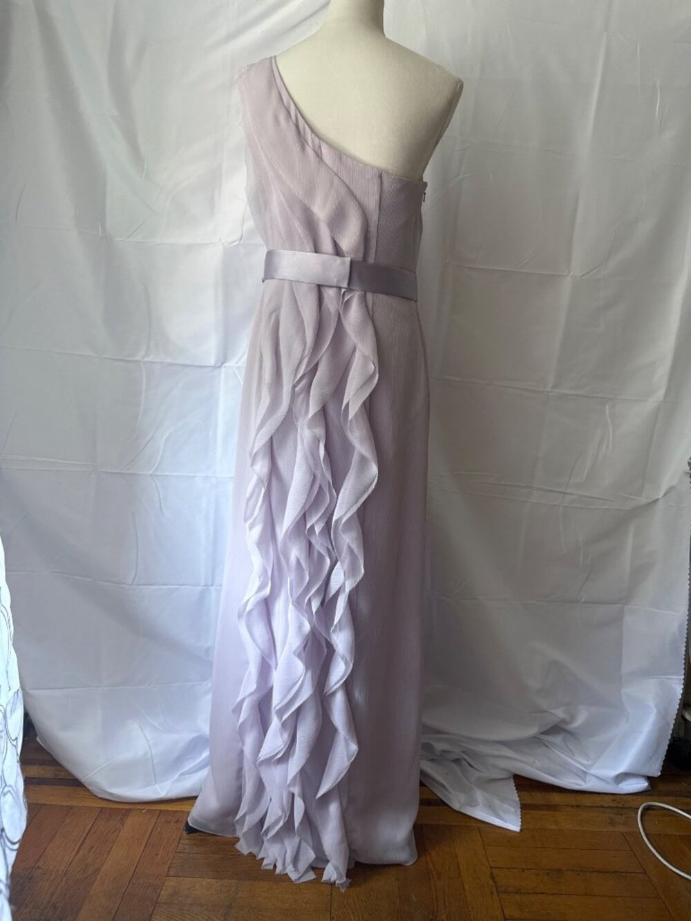 Lavender Ruffled One-Shoulder Flowing Chiffon Cascading Ruffle Front Dress - Picture 2 of 16